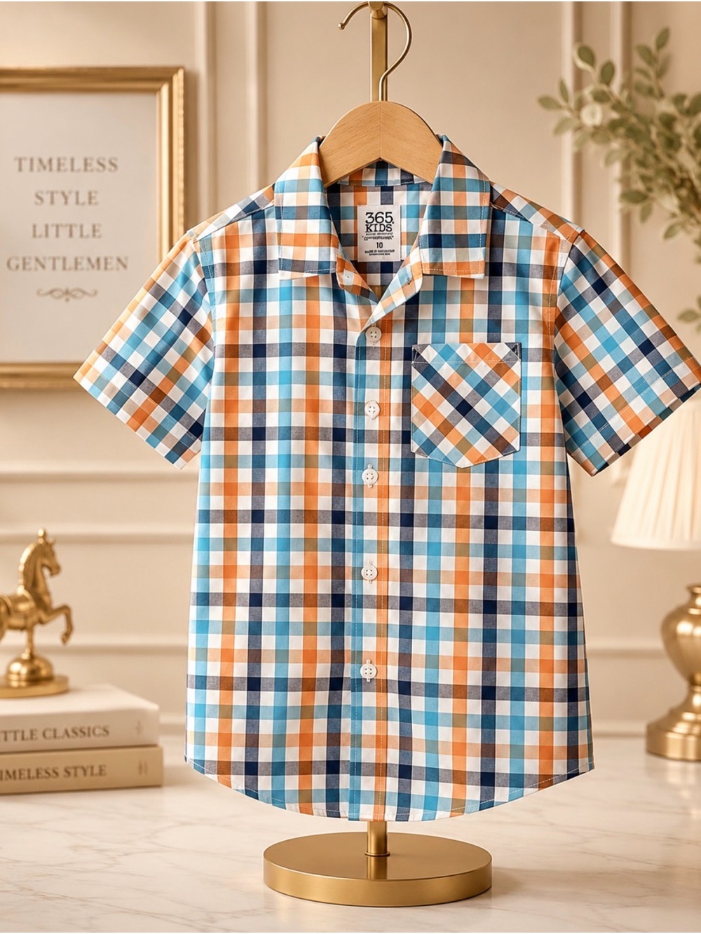 365 Kids Orange & Blue Plaid Short Sleeve Button-Down Shirt